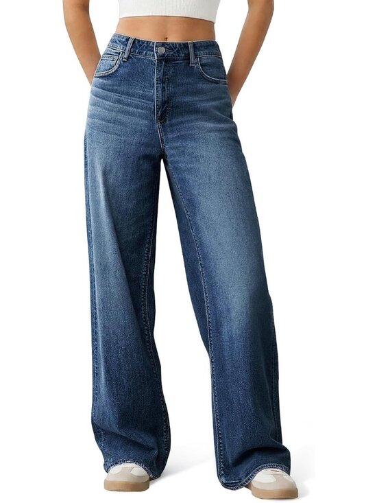 Denim - Women's Dark Blue High Waisted Baggy Loose Straight Denim Pants Wide Leg Jeans